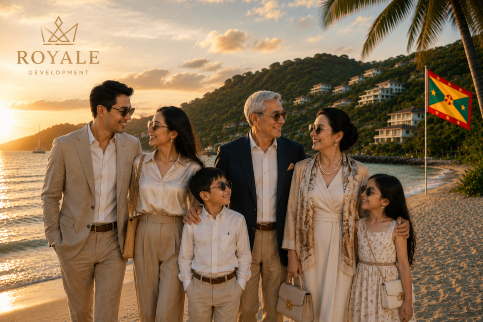 A family on the shoreline at sunset, Grenada
