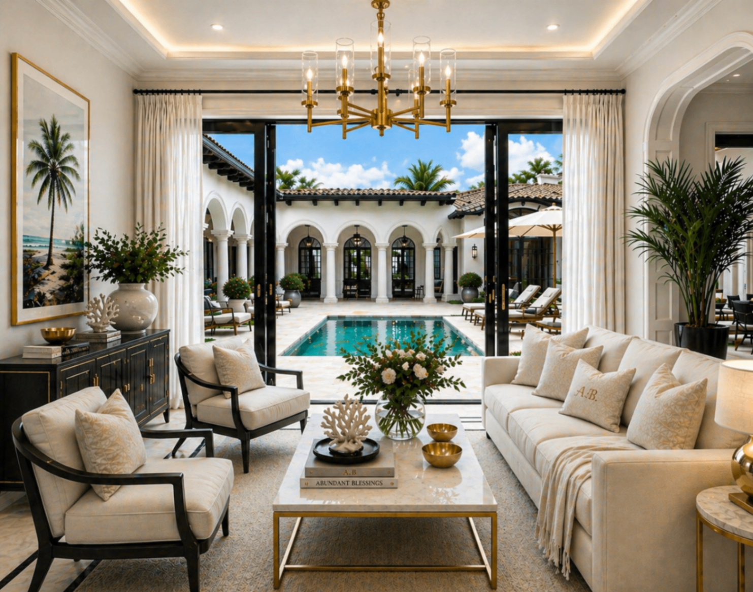 Signature suite living room with view to courtyard pool